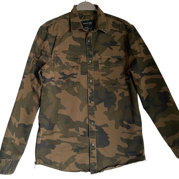 Denim & Flower Camouflage Shacket Shirt Men S Olive Green Snaps Army Outdoor - Picture 1 of 11